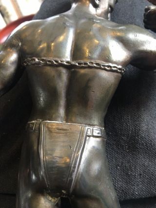 Bronze Or Spelter Figurine Of Partially Naked Gladiator Art Deco On Wood Stand 10