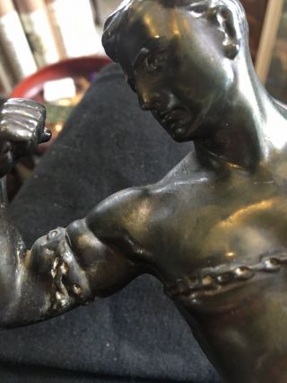 Bronze Or Spelter Figurine Of Partially Naked Gladiator Art Deco On Wood Stand 12