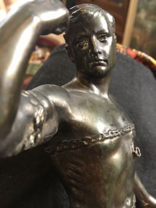 Bronze Or Spelter Figurine Of Partially Naked Gladiator Art Deco On Wood Stand
