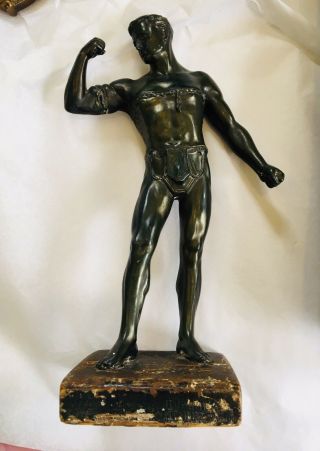Bronze Or Spelter Figurine Of Partially Naked Gladiator Art Deco On Wood Stand 2
