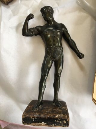 Bronze Or Spelter Figurine Of Partially Naked Gladiator Art Deco On Wood Stand 3