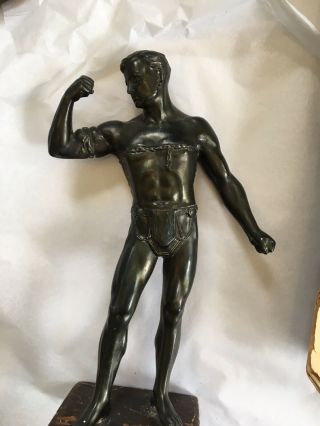 Bronze Or Spelter Figurine Of Partially Naked Gladiator Art Deco On Wood Stand 5