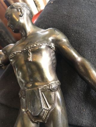 Bronze Or Spelter Figurine Of Partially Naked Gladiator Art Deco On Wood Stand 8