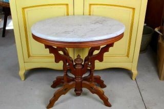 Victorian Eastlake White Marble Top Walnut Parlor Hall Side Occasional Table