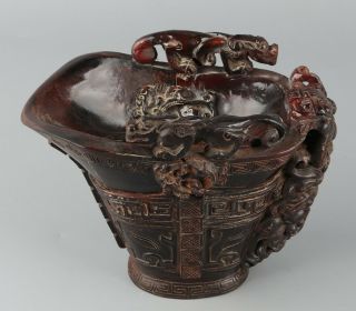 Chinese Exquisite Hand - Carved Brave Troops Dragon Carving Ox Horn Cup