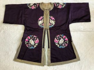Vintage 1930s 40s Chinese Purple Silk Embroidered Robe Jacket Crane Roundels