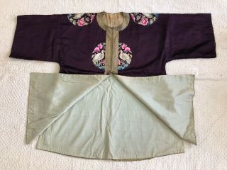 Vintage 1930s 40s Chinese Purple Silk Embroidered Robe Jacket Crane Roundels 3