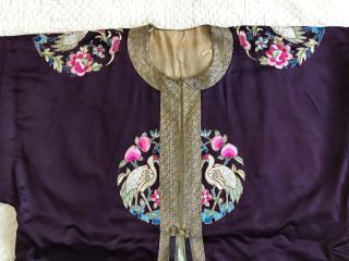 Vintage 1930s 40s Chinese Purple Silk Embroidered Robe Jacket Crane Roundels 4