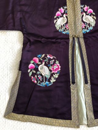 Vintage 1930s 40s Chinese Purple Silk Embroidered Robe Jacket Crane Roundels 5