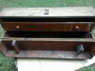 Primitive Antique Wooden Carpenters Tool Box • Vintage Farmhouse Hinged Toolbox 5
