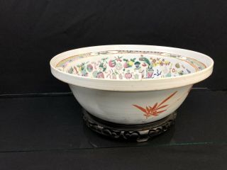 Massive Antique Chinese Porcelain Punch Bowl With Wooden Base 3