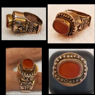 Massive Greek Old Antique Gold Huge Unique Ring With Ancient Cornelian Stone