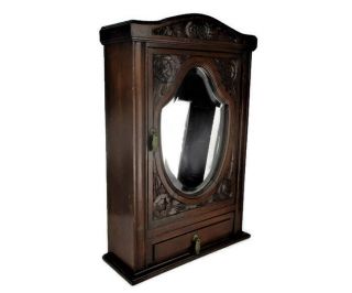 Hand Carved Wood Medicine Apothecary Cabinet Flower Pattern Beveled Glass Mirror