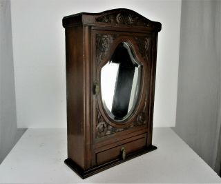 hand Carved Wood Medicine Apothecary Cabinet Flower Pattern Beveled Glass Mirror 5