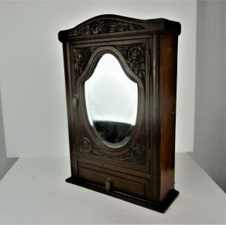 hand Carved Wood Medicine Apothecary Cabinet Flower Pattern Beveled Glass Mirror 6
