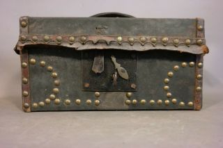 19thC Antique PRIMITIVE Old LEATHER & BRASS TACK dec SKELETON KEY LOCK Box CHEST 2