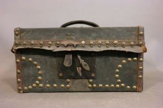 19thC Antique PRIMITIVE Old LEATHER & BRASS TACK dec SKELETON KEY LOCK Box CHEST 6
