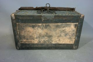 19thC Antique PRIMITIVE Old LEATHER & BRASS TACK dec SKELETON KEY LOCK Box CHEST 8