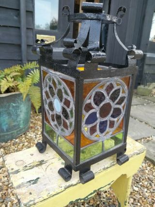 A Large Vintage Wrought Iron And Stained Glass Lantern Shade Porch Hall Arts And 10