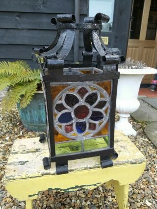 A Large Vintage Wrought Iron And Stained Glass Lantern Shade Porch Hall Arts And 11