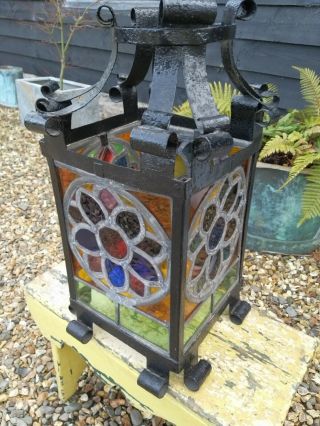 A Large Vintage Wrought Iron And Stained Glass Lantern Shade Porch Hall Arts And