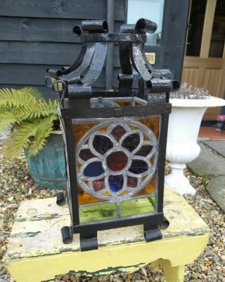 A Large Vintage Wrought Iron And Stained Glass Lantern Shade Porch Hall Arts And 2