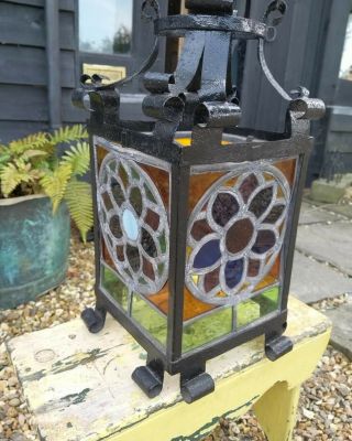 A Large Vintage Wrought Iron And Stained Glass Lantern Shade Porch Hall Arts And 5