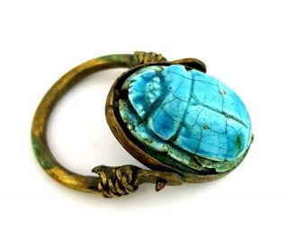 Rare Ring Egyptian Antique Scarab Beetle Amulet Ancient Royal Hieroglyph Faience 3