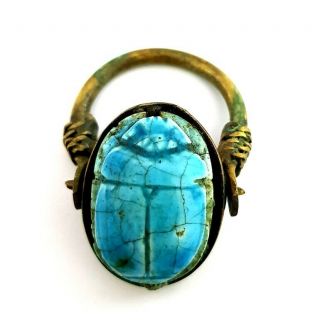 Rare Ring Egyptian Antique Scarab Beetle Amulet Ancient Royal Hieroglyph Faience 4