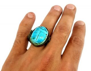 Rare Ring Egyptian Antique Scarab Beetle Amulet Ancient Royal Hieroglyph Faience 6