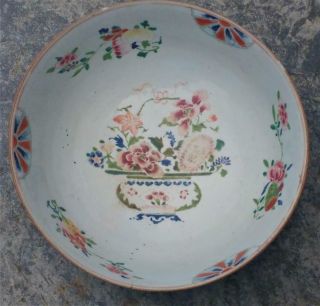 18th C Famille Rose Porcelain Punch Bowl With Vase Of Flowers With Provenance