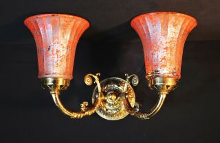 Brass Vintage Antique Twin Wall Light Sconce French Ribbed Pigment Glass Shades