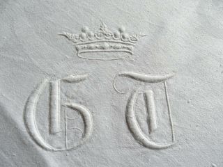 Antique French Pure Linen Damask Tablecloth 208 " X 78 " - Crown Monogram