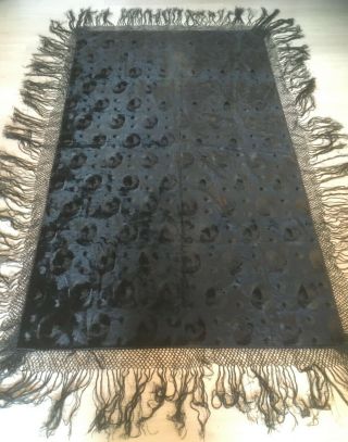 French 1800s Victorian Coffin Funeral Cover Black Moire Velvet Long Silk Fringes