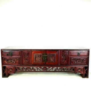 Vintage Red & Black Lacquered Chinese Small Hand Carved Chest Table Stand Desk