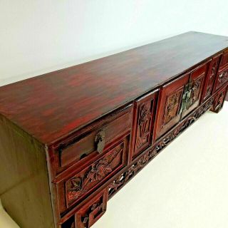 Vintage Red & Black Lacquered Chinese Small Hand Carved Chest Table Stand Desk 3