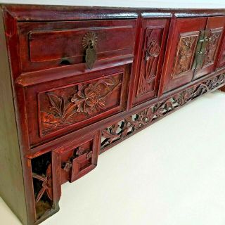 Vintage Red & Black Lacquered Chinese Small Hand Carved Chest Table Stand Desk 4