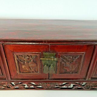 Vintage Red & Black Lacquered Chinese Small Hand Carved Chest Table Stand Desk 5