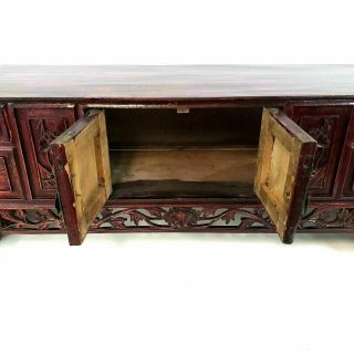 Vintage Red & Black Lacquered Chinese Small Hand Carved Chest Table Stand Desk 8
