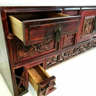 Vintage Red & Black Lacquered Chinese Small Hand Carved Chest Table Stand Desk 9