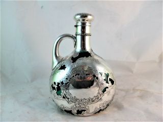 STERLING SILVER ENCASED GREEN GLASS BOTTLE DECANTER C 1910 2