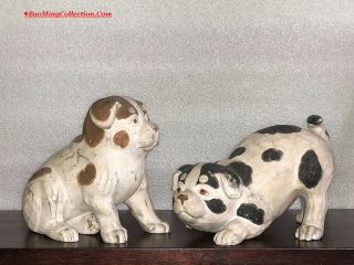Antique Japanese Meiji Matching Painted & Carved Wood Dogs Okimono