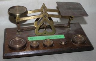 Vintage Brass Postal Mercantile Weight Scale W/ 5 Weights Made England Antique