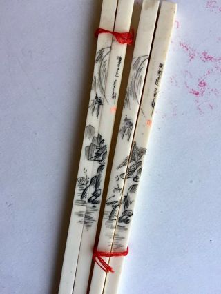 Pair Rare Antiqu Hand Carved Signed Chinese Bone Chopsticks