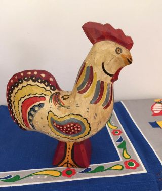 Antique White Swedish Dala Rooster Chicken Carved Wood Painted Folk Art
