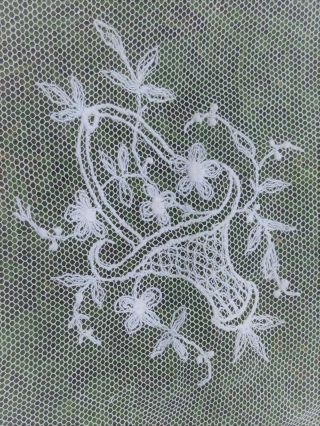 Antique Tambour Net Lace Embroidered Coverlet Flower Basket Pattern 215 X 200