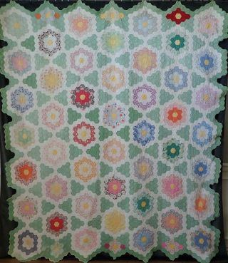 King Size Vintage 30s Green & White Flower Garden QUILT 96 