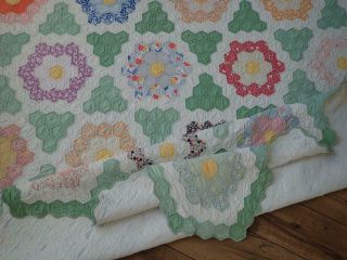 King Size Vintage 30s Green & White Flower Garden QUILT 96 