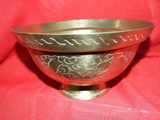 Antique Brass Oriental Bowl Engraved Dragon Chinese Stamped 1920 ' s Vintage 4