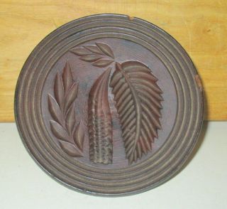 Rare Antique 4 7/8 " Wide Wooden Hand Carved Butter Print - Okra Pod & Leaves